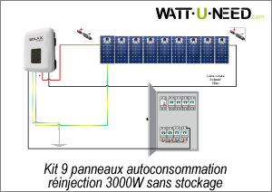 Kit 9 panneaux autoconsommation - réinjection 3000W avec stockage