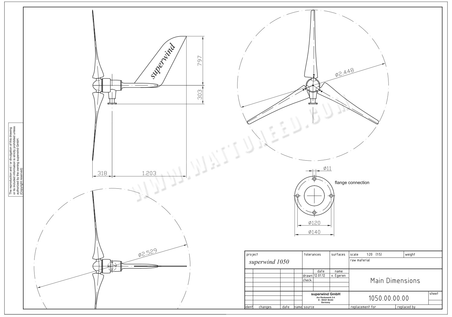 Dimensiones: Superwind 1250W fuente 48V viento turbina